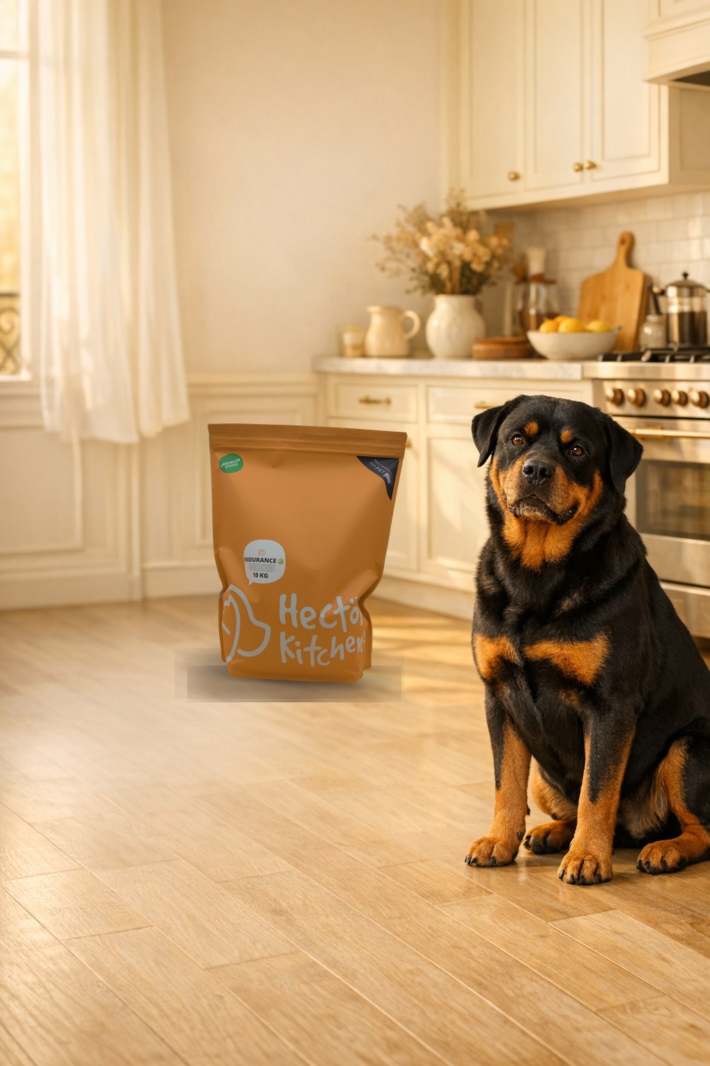 Rottweiler Hector Kitchen sentado junto a su bolsa en una cocina luminosa