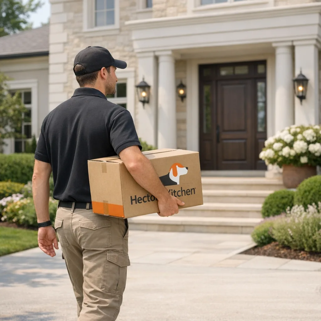 Repartidor Hector Kitchen llegando con un paquete frente a una gran casa