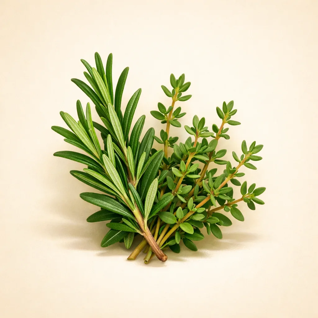 hierbas frescas verdes incluyendo ramitas de perejil y tomillo, fotografía natural de plantas, fondo blanco limpio, ingredientes orgánicos