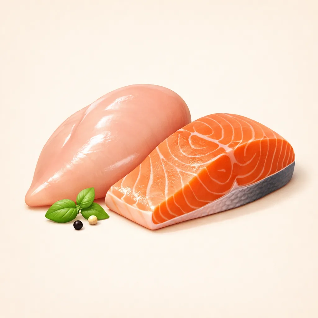 pechuga de pollo cruda fresca y filete de salmón lado a lado, fotografía natural de alimentos, fondo blanco limpio, ingredientes proteicos de alta calidad