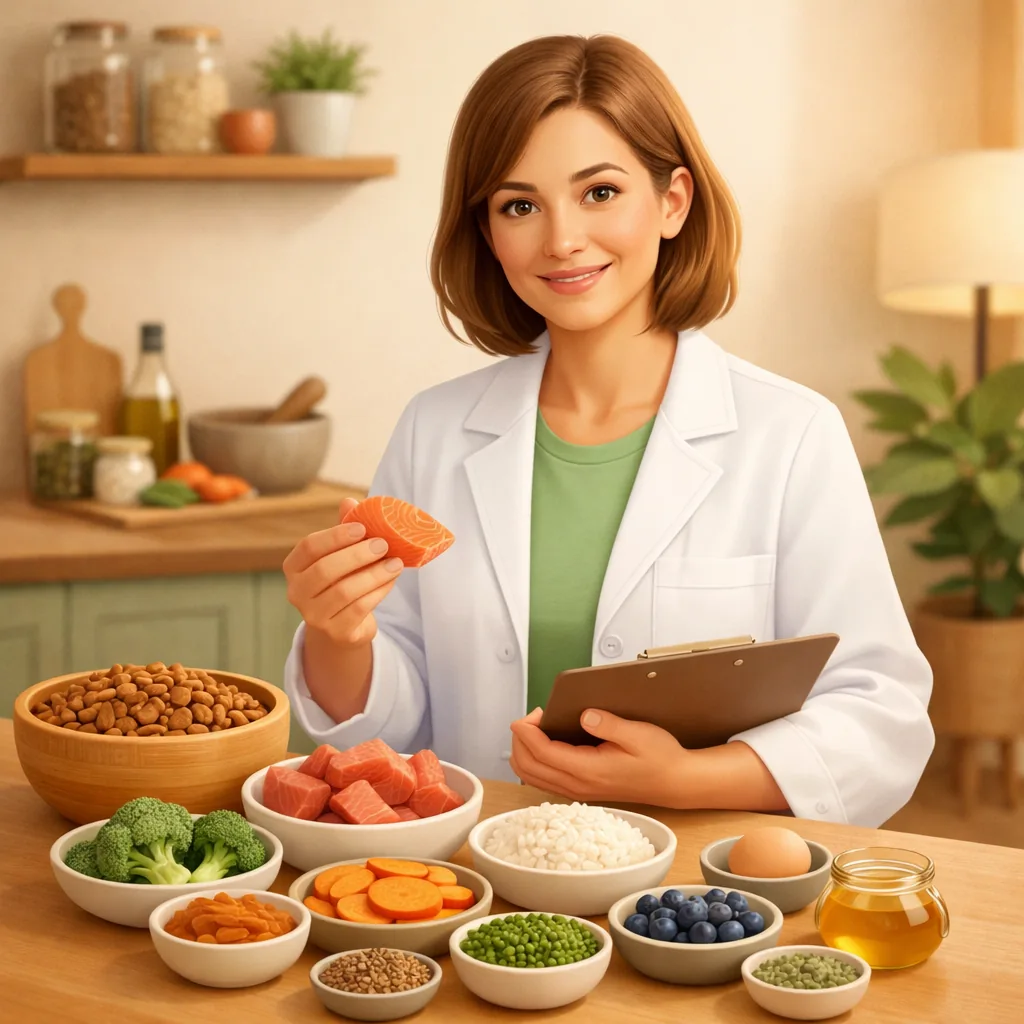 Veterinario nutricionista con bata blanca examinando ingredientes para perros en un laboratorio moderno, luz natural, ambiente profesional y acogedor