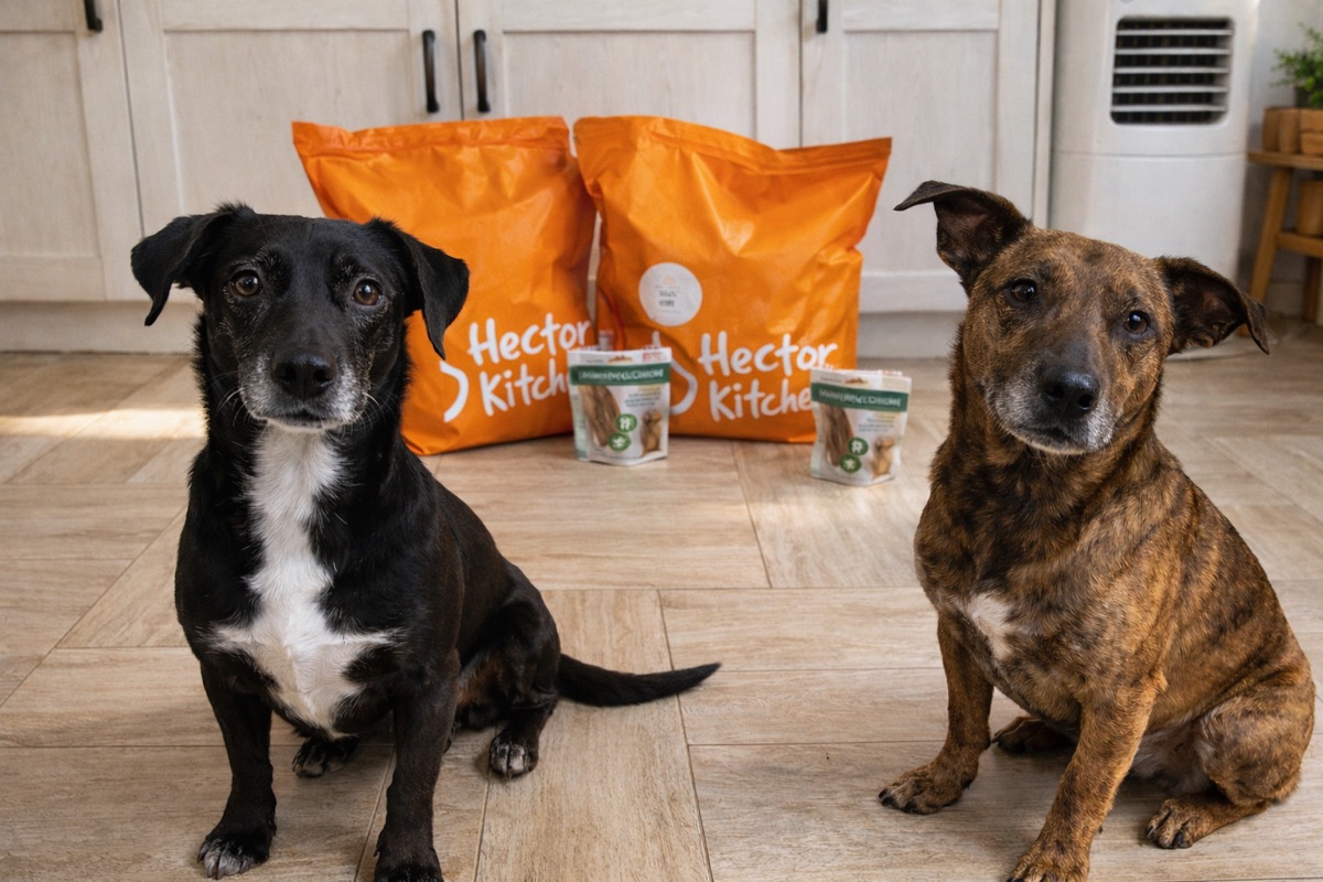Karine con sus perros y sus productos Hector Kitchen